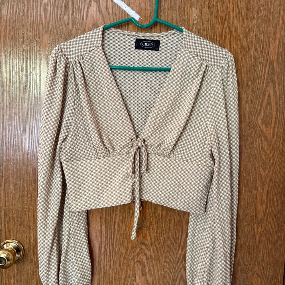 Cider Beige Checkered Tie-Front Blouse